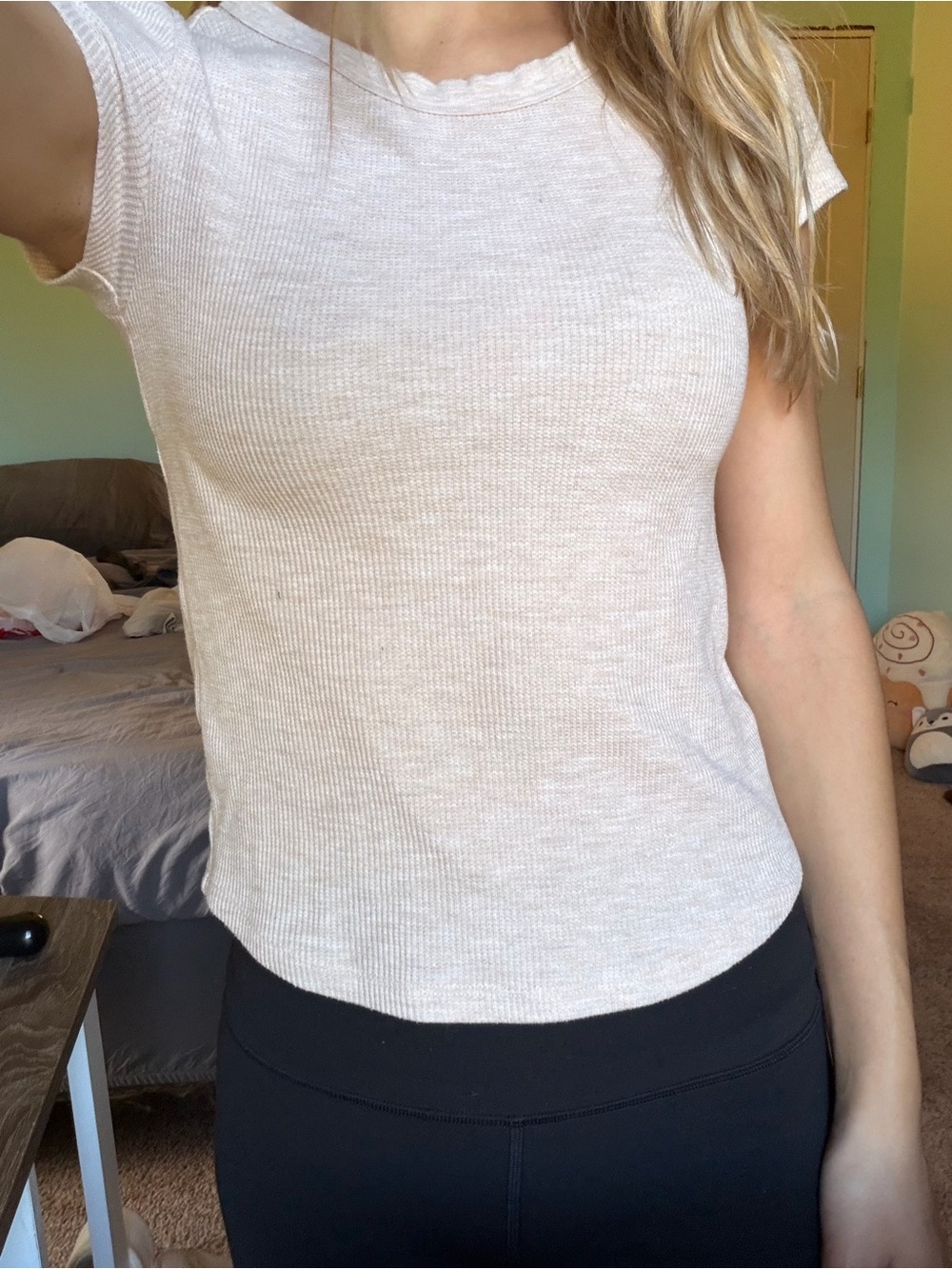 American Eagle Outfitters Ribbed Short Sleeve Crewneck Top - Cream